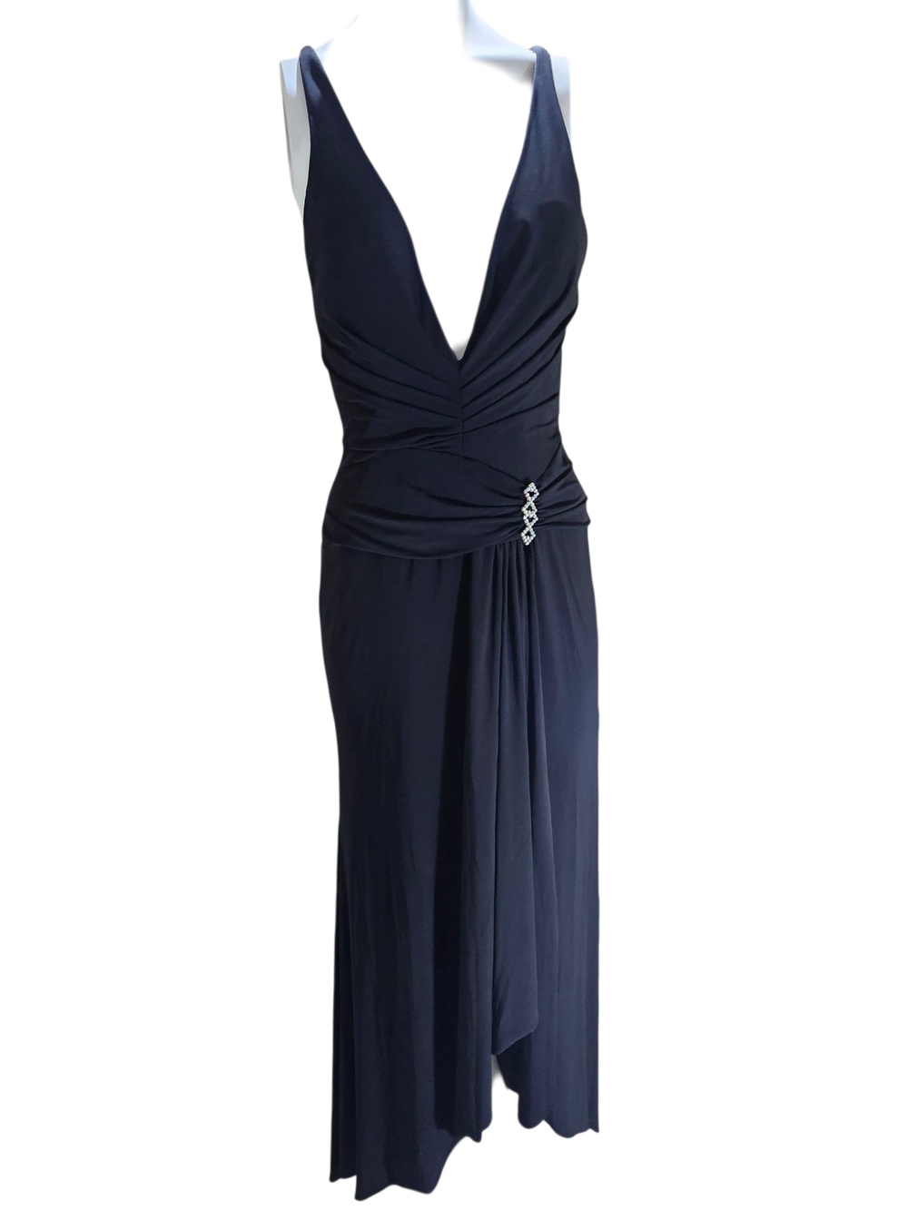 Black V-Neck Evening Dress with Rhinestone Detail